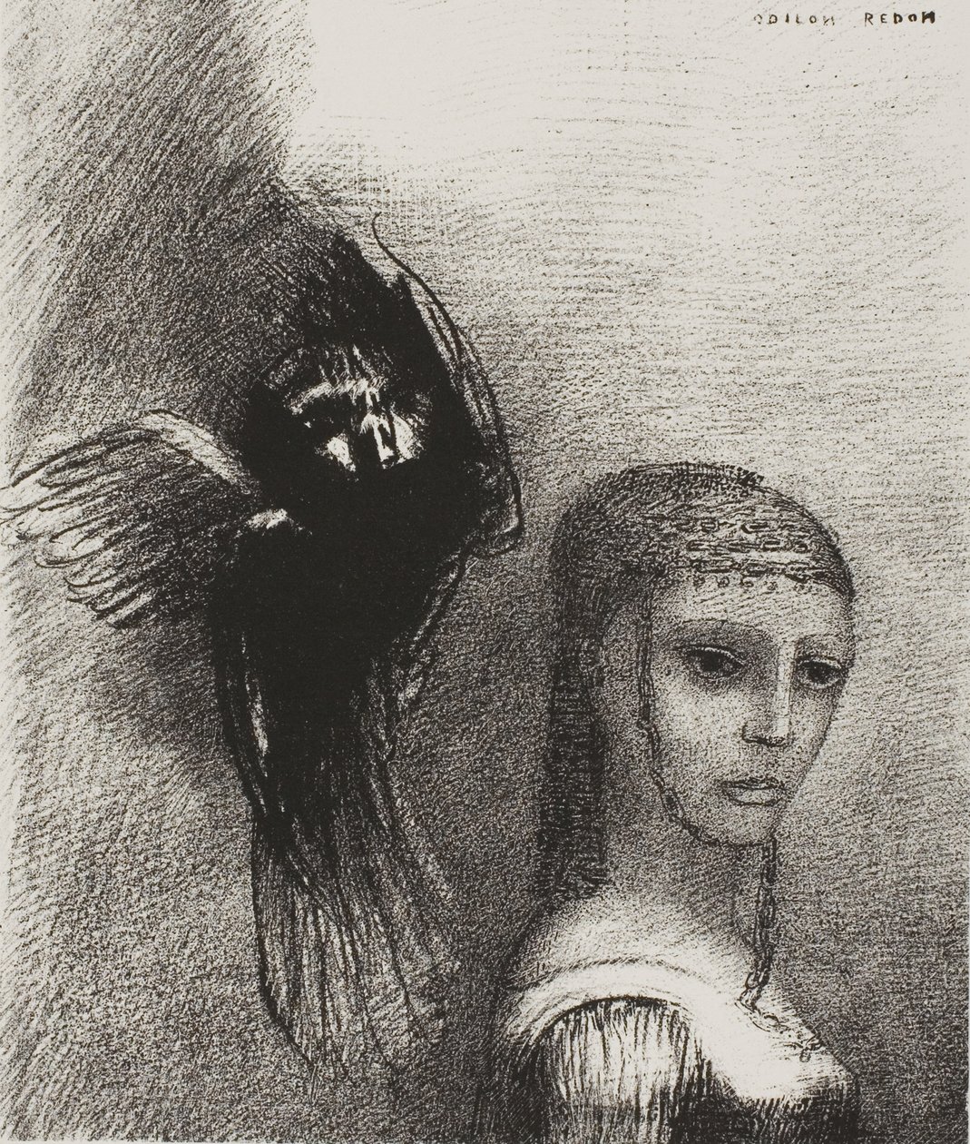 En een grote vogel, die uit de lucht neerdaalt, werpt zich tegen het hoogste punt van haar haar, plaat 3 van 10 door Odilon Redon