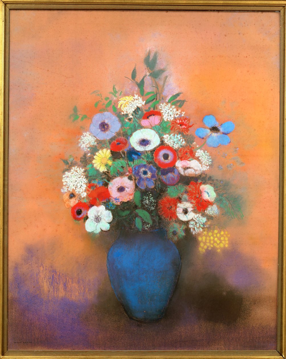 Anemonen en seringen in een blauwe vaas door Odilon Redon