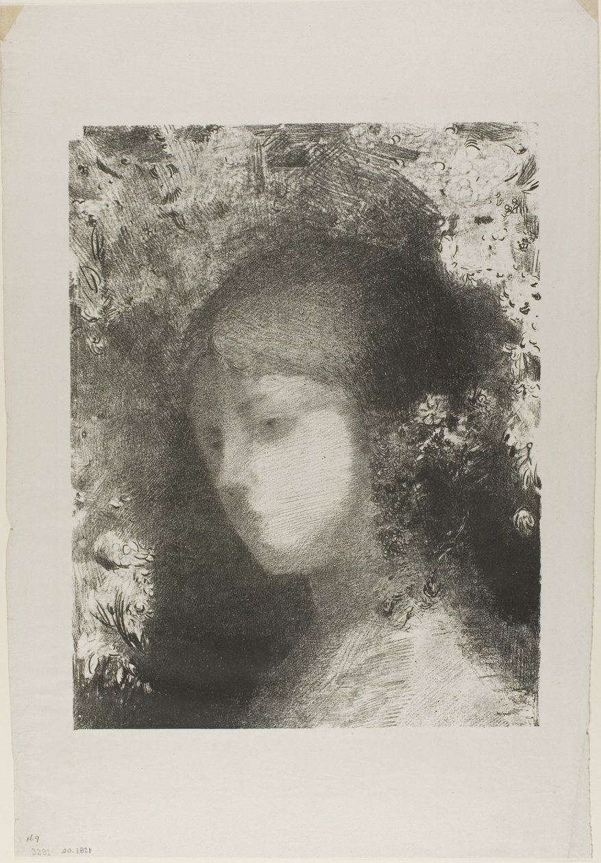 Kinderhoofdje met bloemen door Odilon Redon