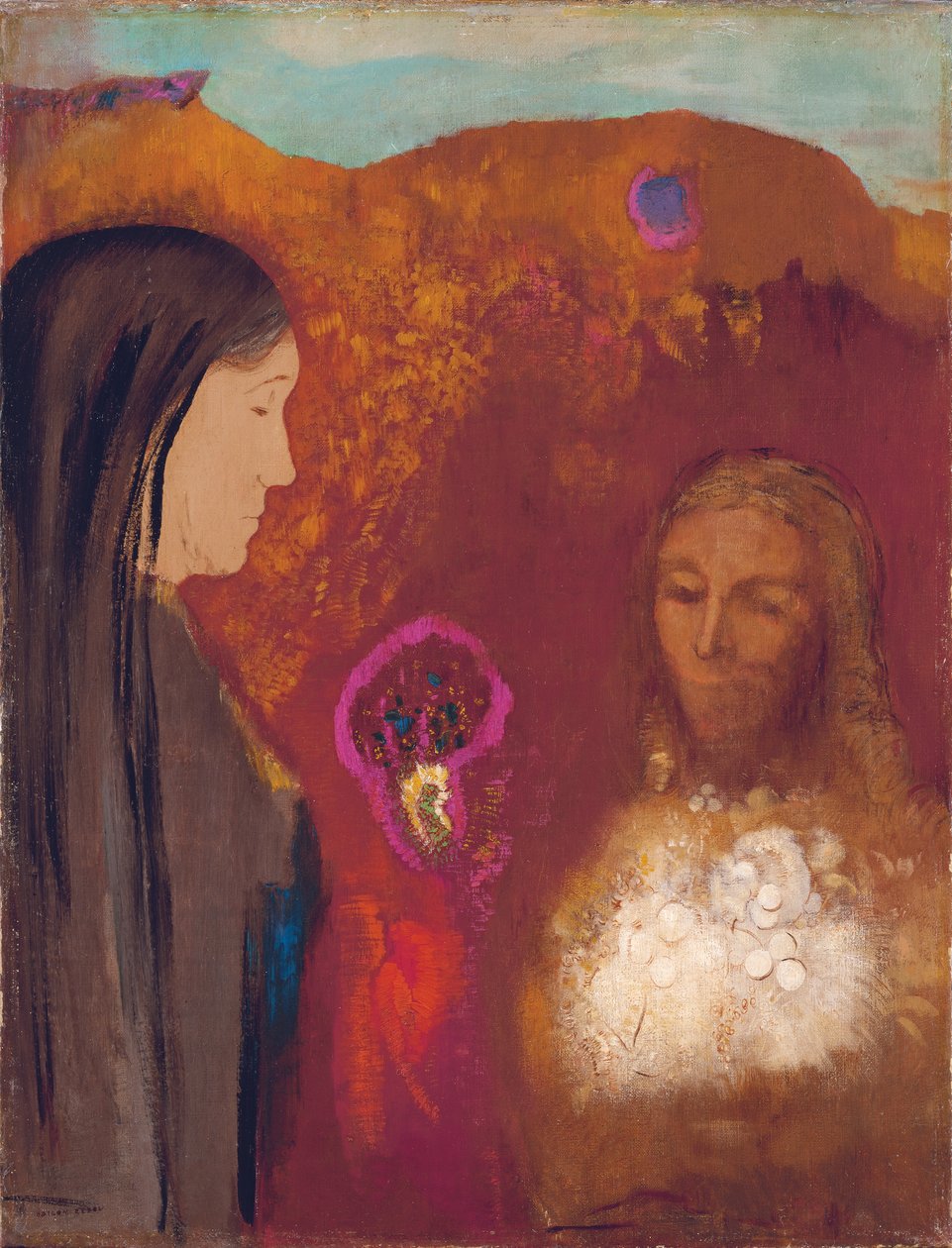 Christus en de Samaritaanse vrouw (Het witte bloemenboeket) door Odilon Redon