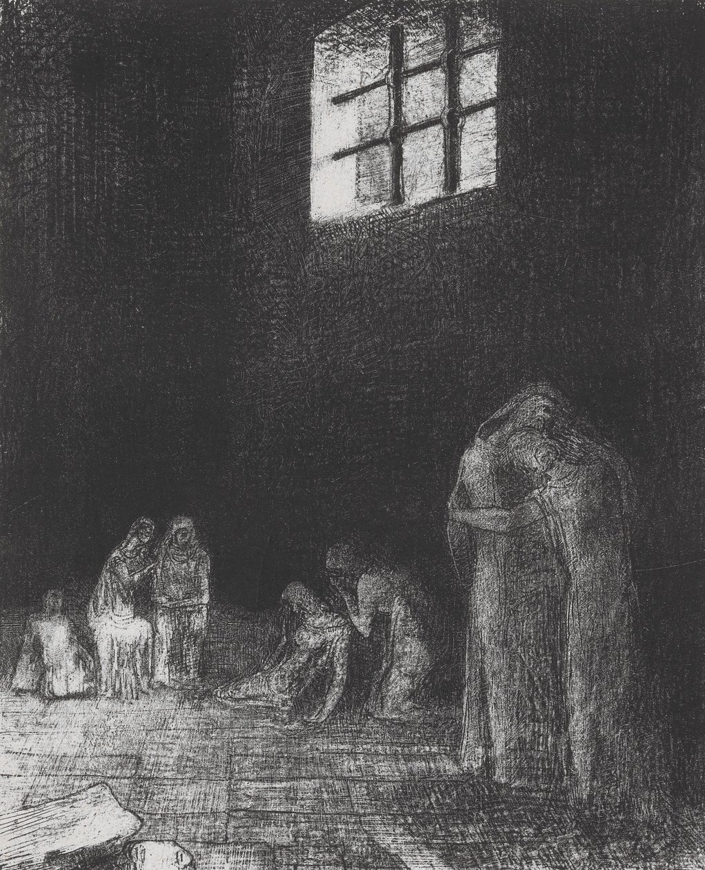 In de schaduw huilen en bidden mensen... door Odilon Redon