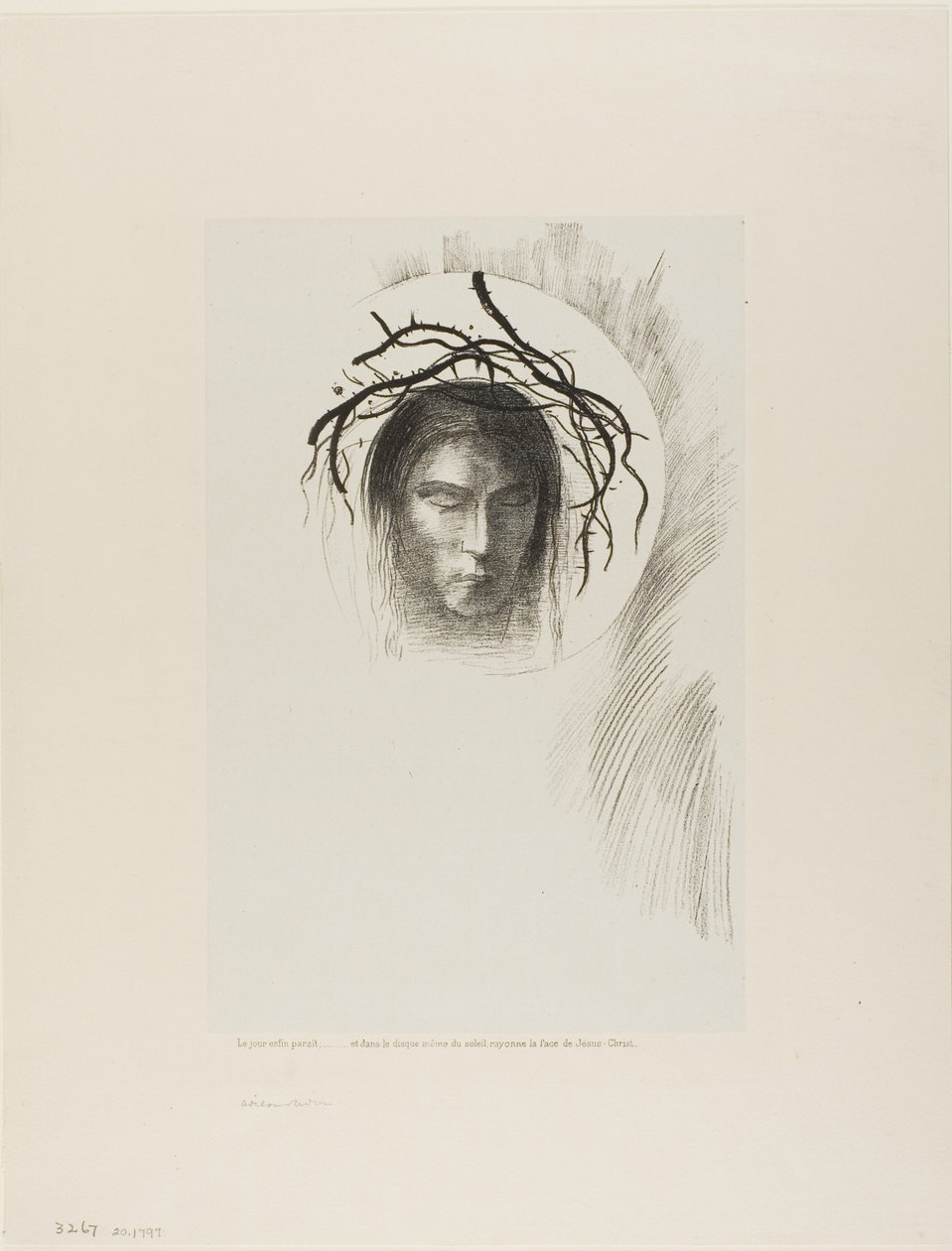 De dag verschijnt eindelijk,...en in de schijf van de zon schijnt het gezicht van Jezus Christus, plaat 24 van 24 door Odilon Redon
