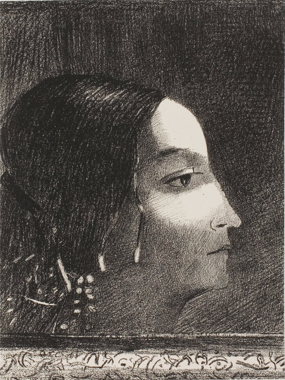 Dramatisch en groots met haar gezicht als dat van een druïdepriesteres door Odilon Redon