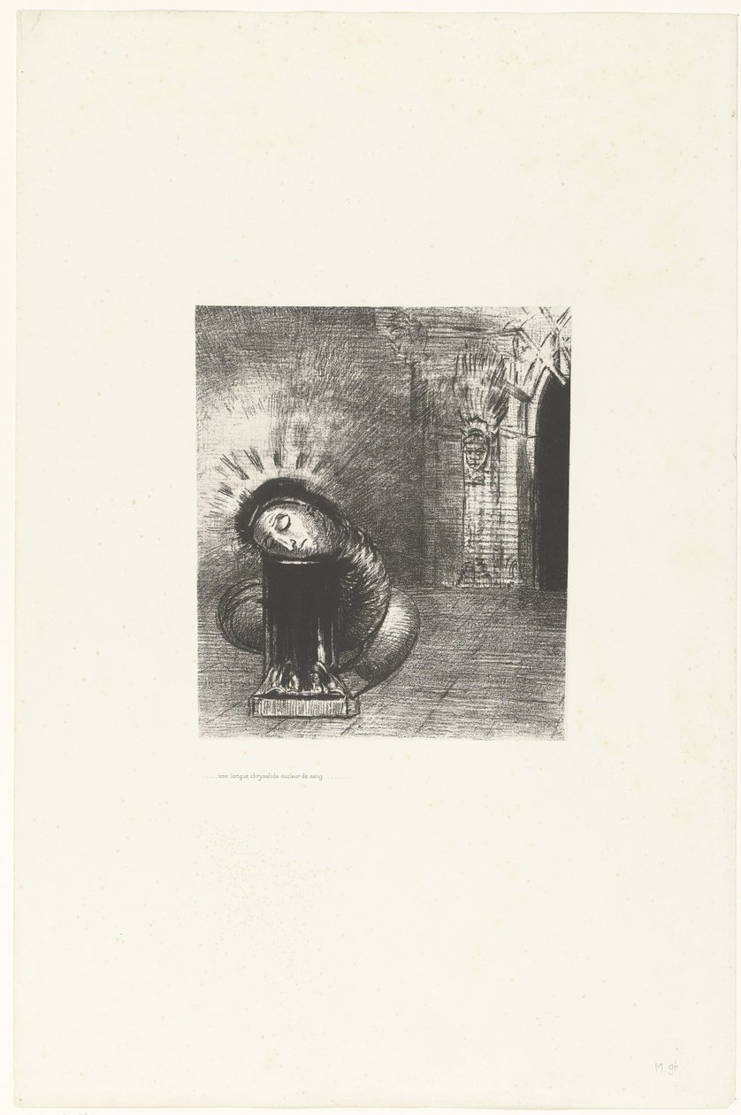 Een lange pop de kleur van bloed door Odilon Redon