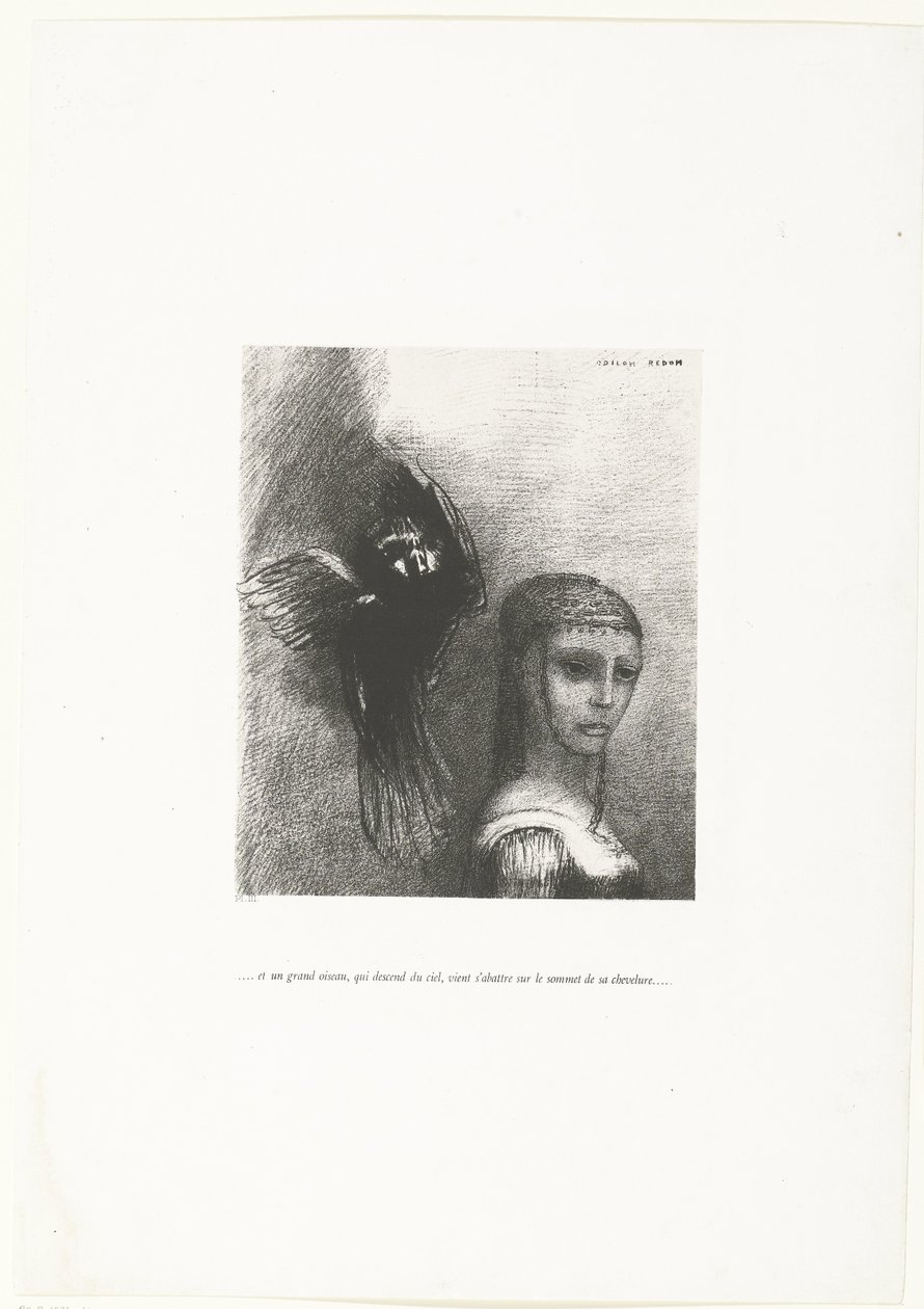 En een grote vogel, die afdaalt uit de hemel, strijkt neer op de kruin van haar kapsel door Odilon Redon