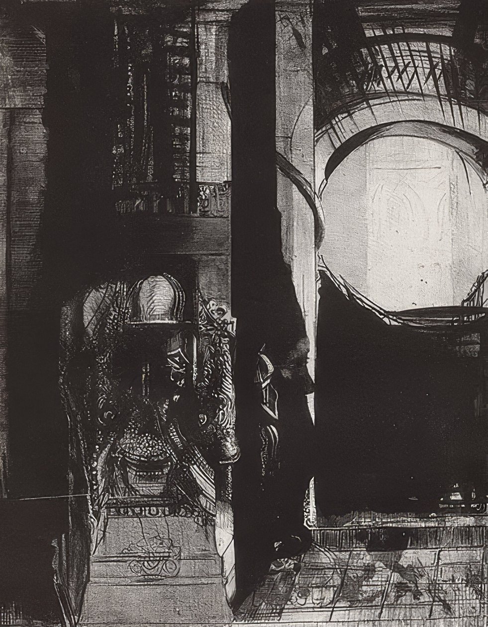 En overal zijn er basaltkolommen, het licht valt van de gewelven, blad 3 van de serie La Tentation de Saint-Antoine door Odilon Redon