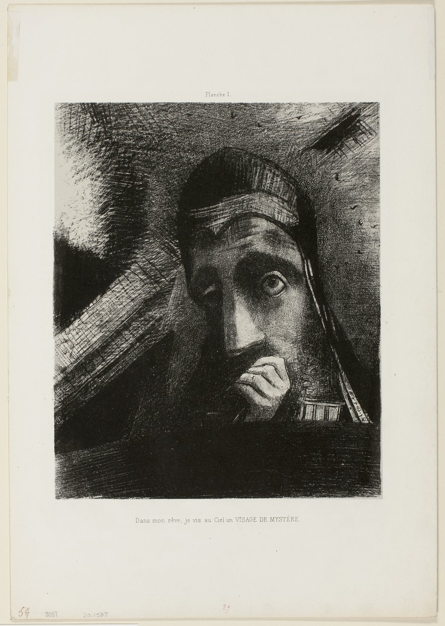 Gezicht van Mysterie (In mijn droom zag ik in de lucht een GEZICHT VAN MYSTERIE), plaat 1 uit Hommage aan Goya door Odilon Redon