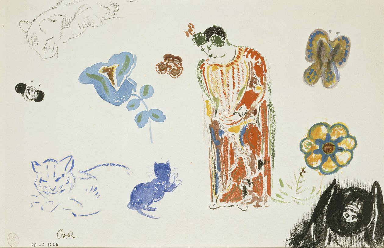 Studieblad: vrouw, bloemen en dieren door Odilon Redon