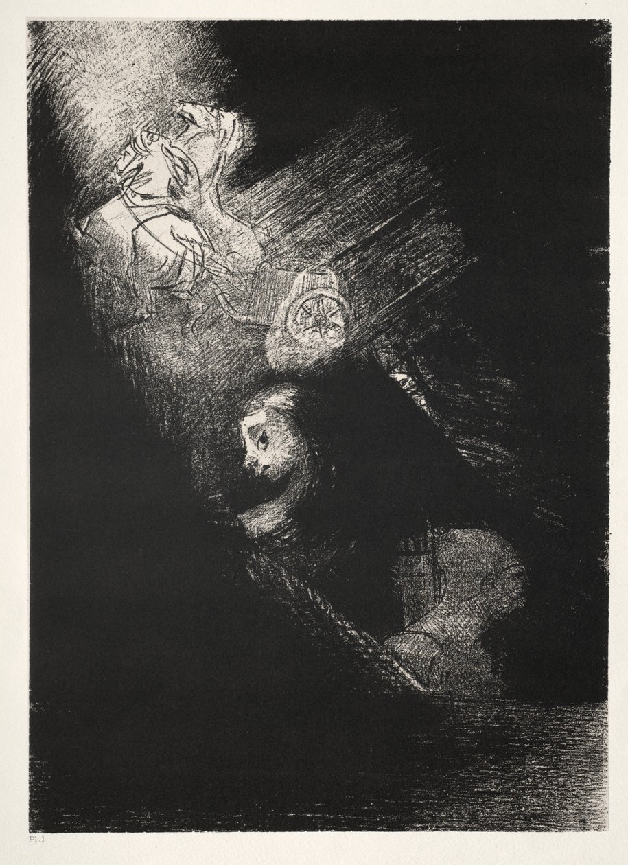 Eerst een Plas Water, Toen een Prostituee, de Hoek van een Tempel, het Gezicht van een Soldaat, een Wagen met Twee Witte, Steigerende Paarden door Odilon Redon