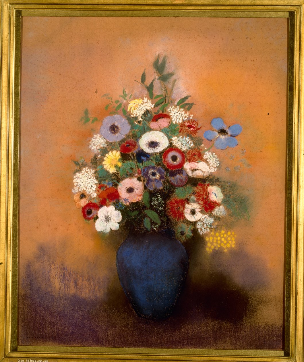 Groot boeket in een blauwe vaas door Odilon Redon