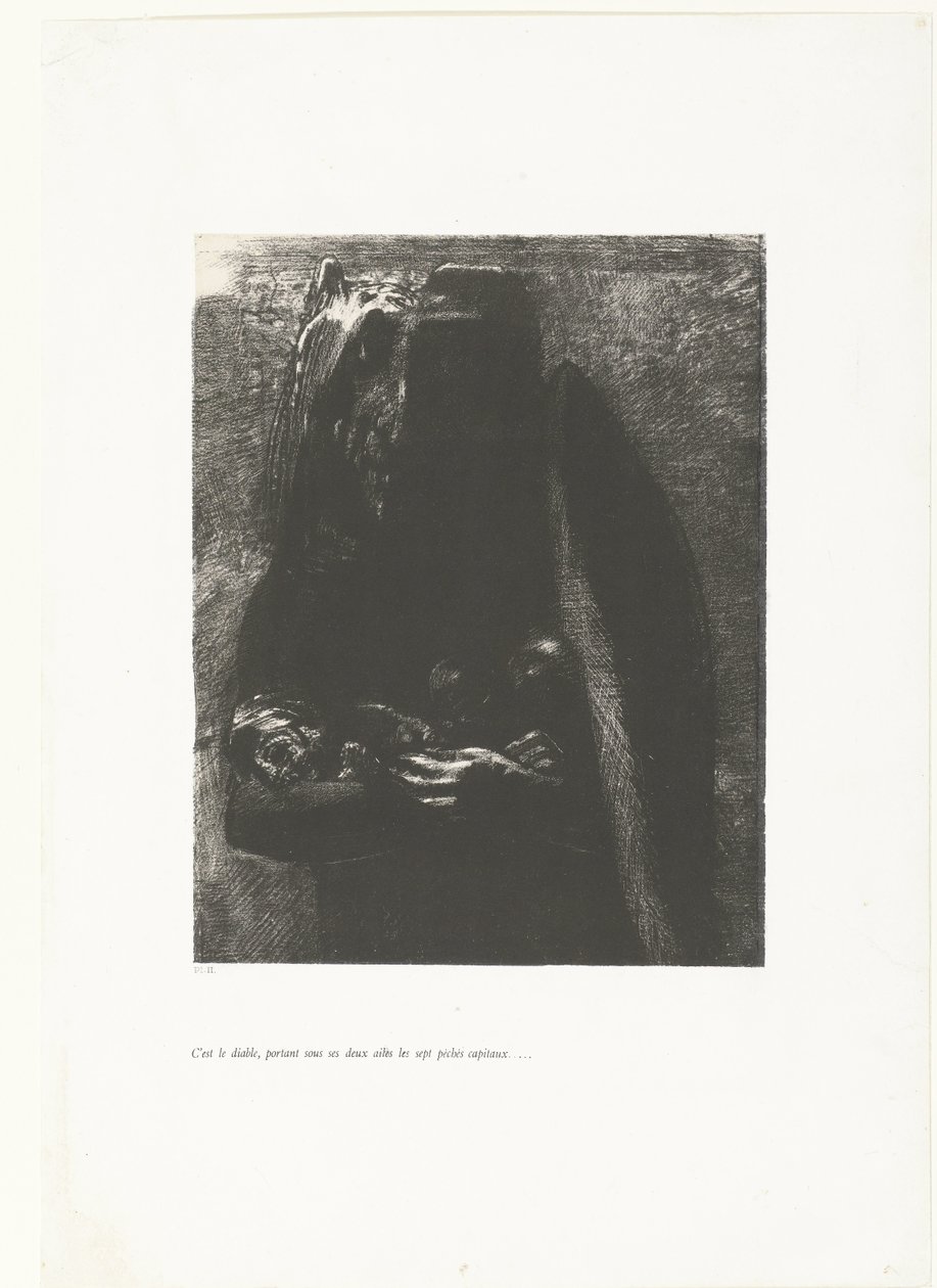 Het is de duivel, de zeven doodzonden op zijn vleugels dragend door Odilon Redon