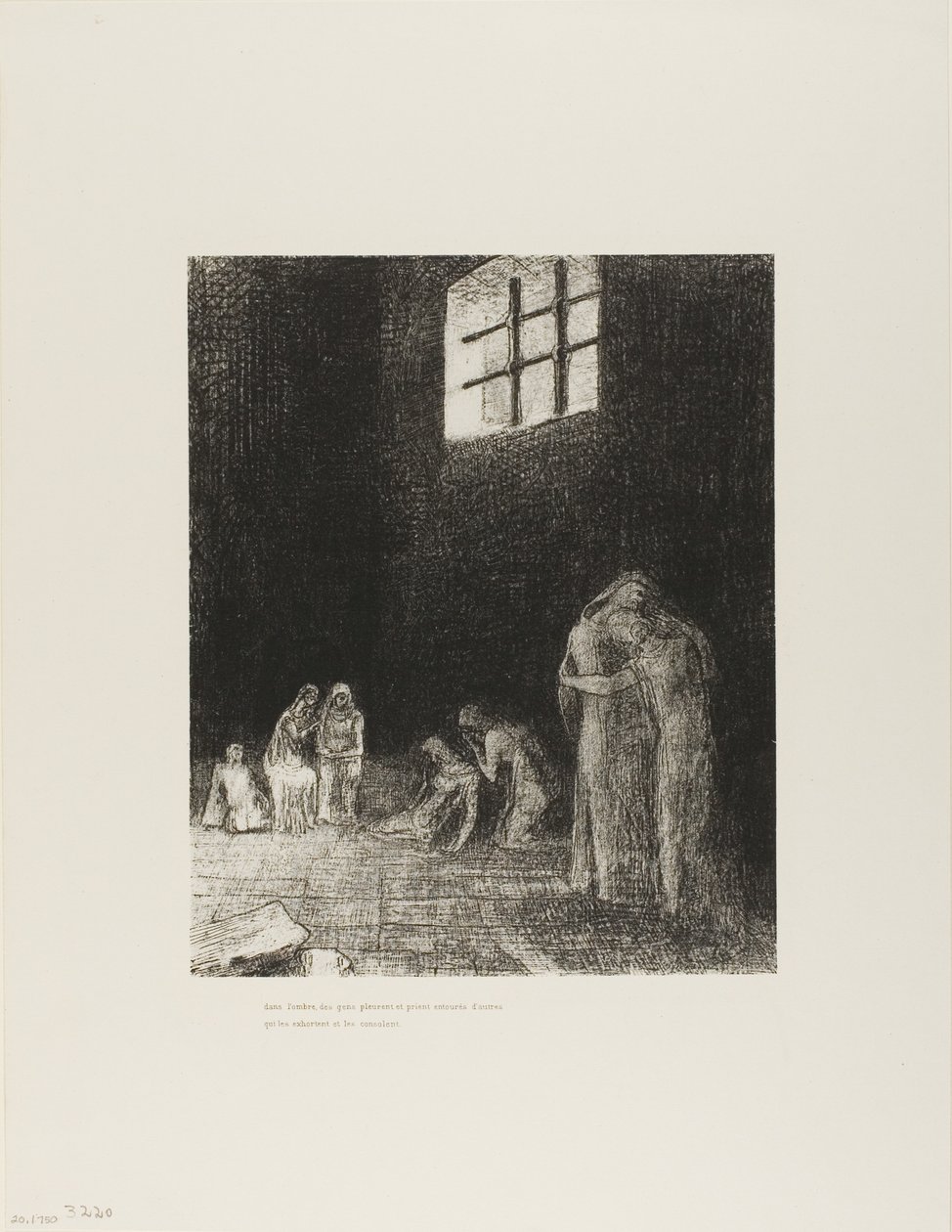 In de schaduw zijn mensen, huilend en biddend, omringd door anderen die hen aansporen, plaat 6 van 24 door Odilon Redon