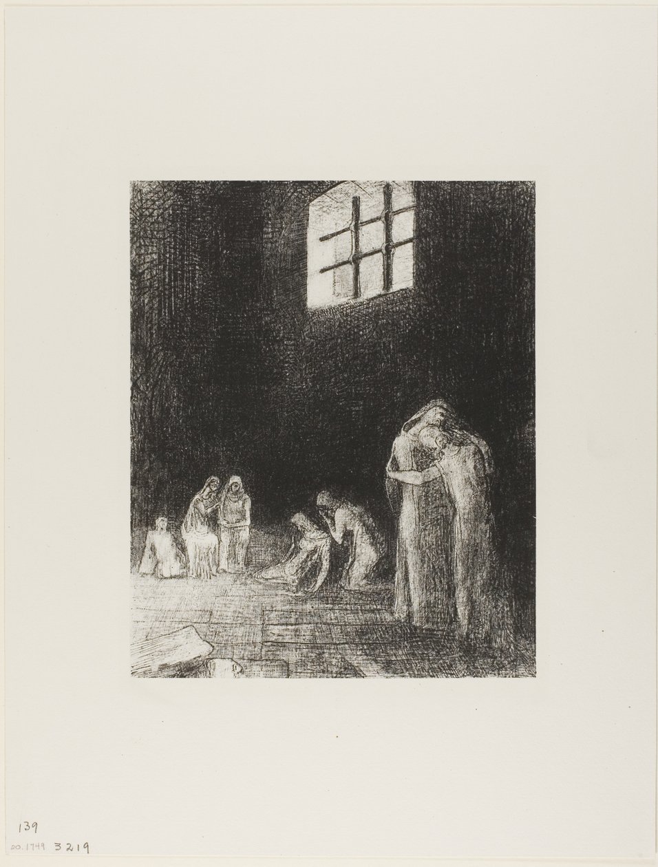 In de schaduw zijn mensen, huilend en biddend, omringd door anderen die hen aansporen, plaat 6 van 24 door Odilon Redon