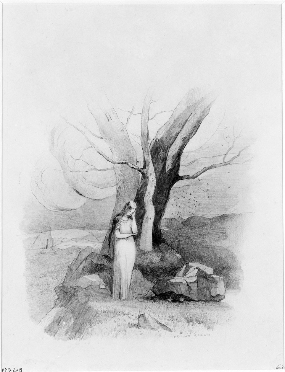 Een jong meisje dat aan de voet van een groepje bomen staat door Odilon Redon