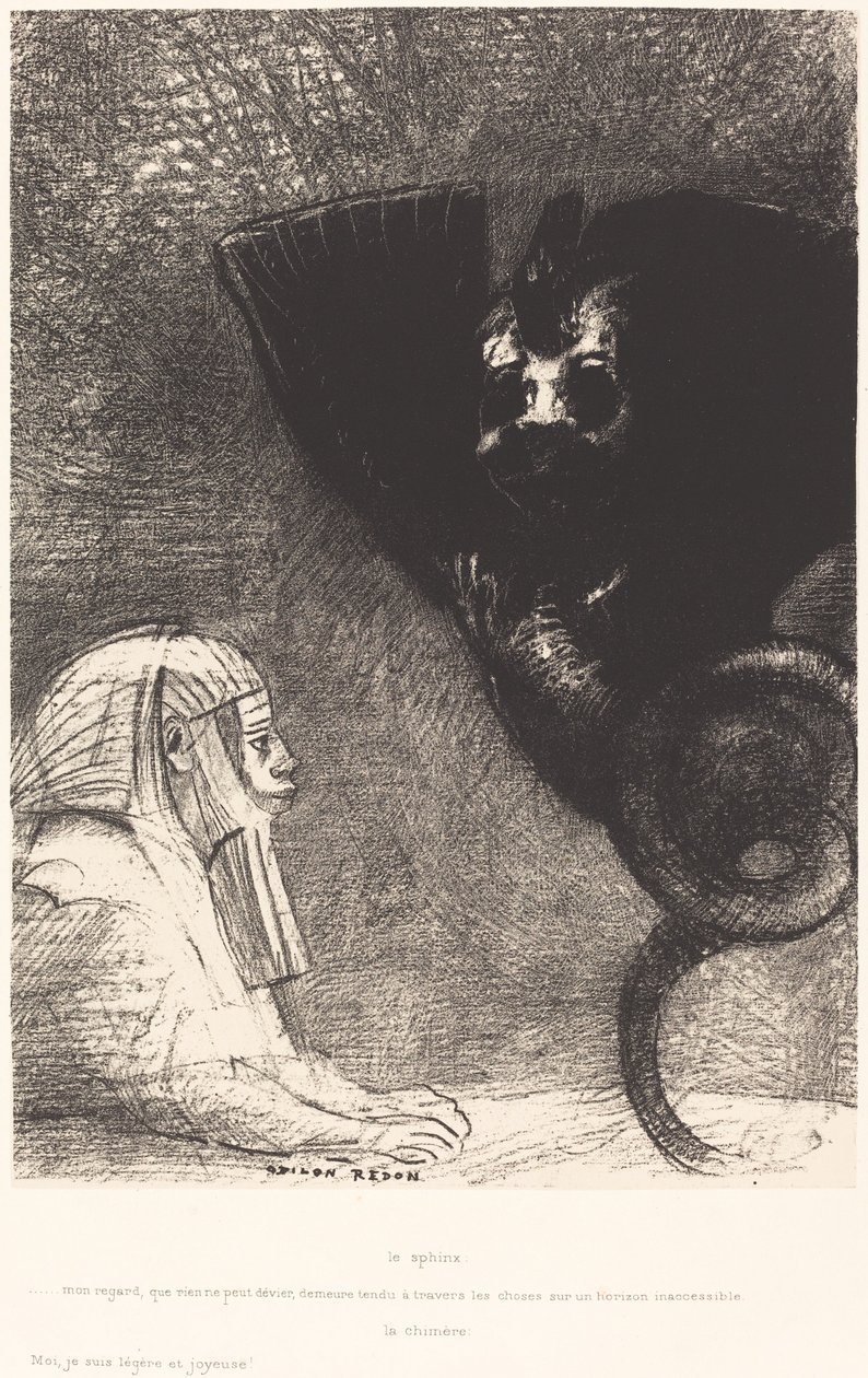 De Sfinx...mijn blik die niets kan afleiden, blijft gericht op een onbereikbare horizon. De Chimere: Ik ben licht en vrolijk door Odilon Redon