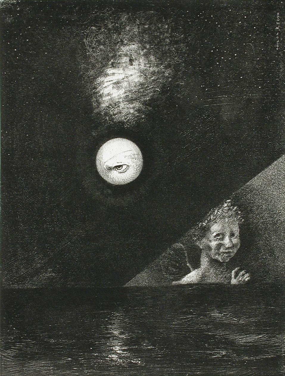 Aan de horizon, de engel van zekerheid, en in de donkere lucht, een vragende blik. Serie: Voor Edgar door Odilon Redon