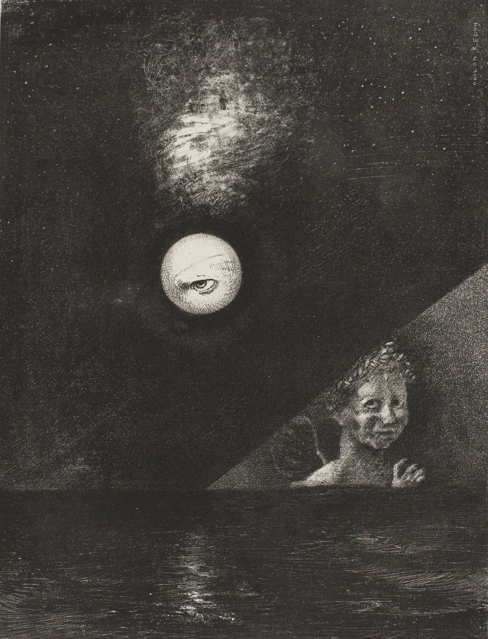 Aan de horizon de engel van zekerheid en in de sombere hemel een vragend oog, plaat vier uit To Edgar Poe door Odilon Redon