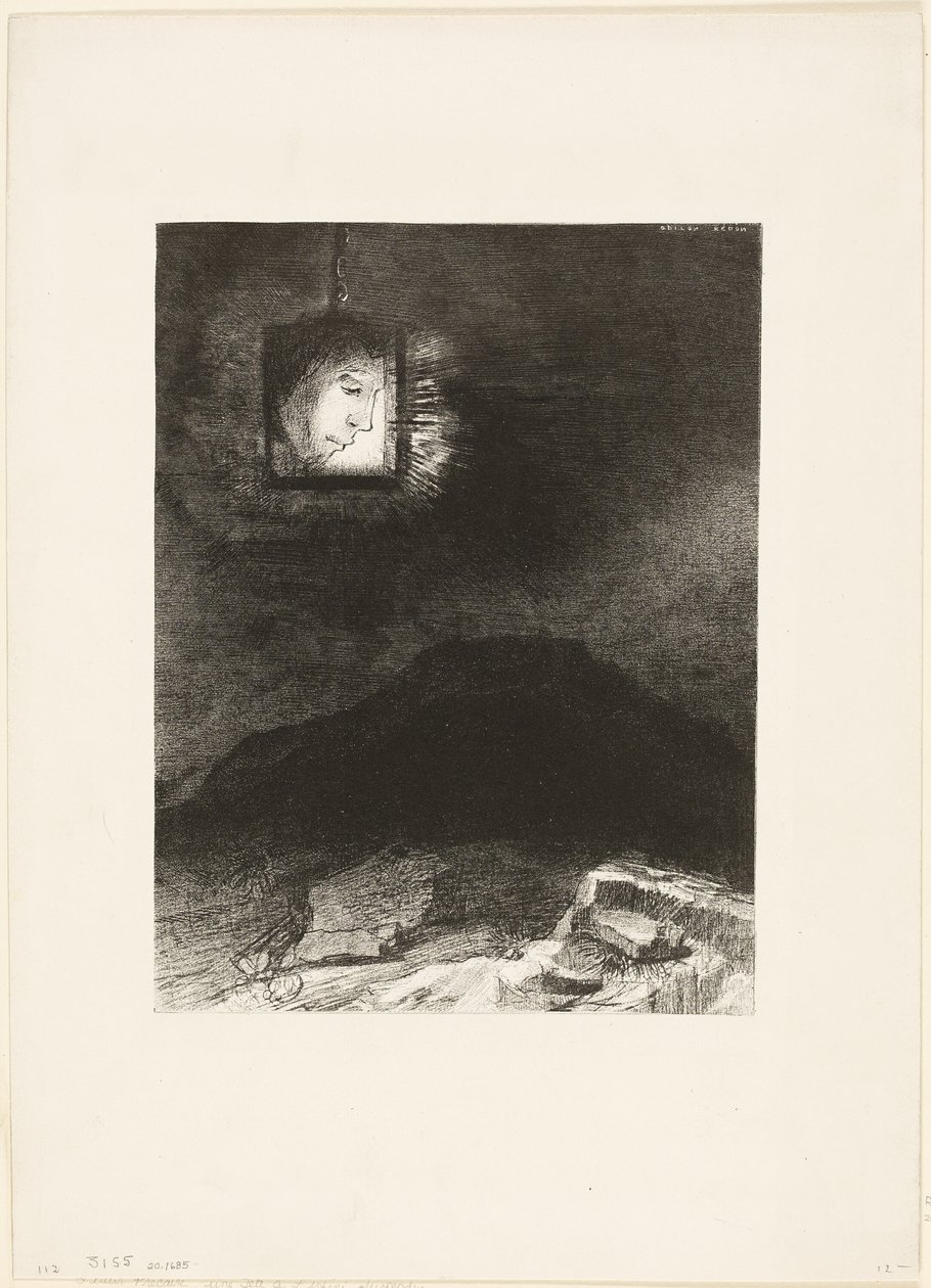 Precaire Glinstering, een Hoofd Hangend uit de Oneindigheid, plaat 3 van 6 door Odilon Redon