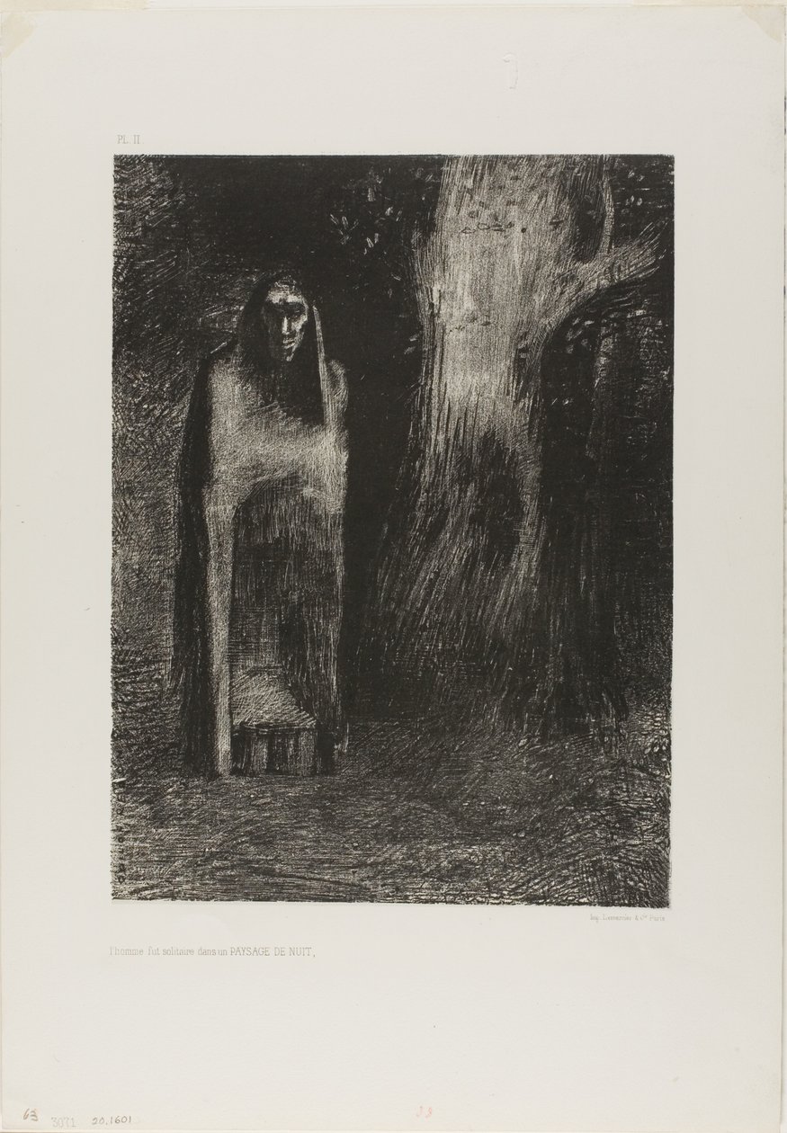 De man was alleen in een nachtlandschap, uit Nacht door Odilon Redon