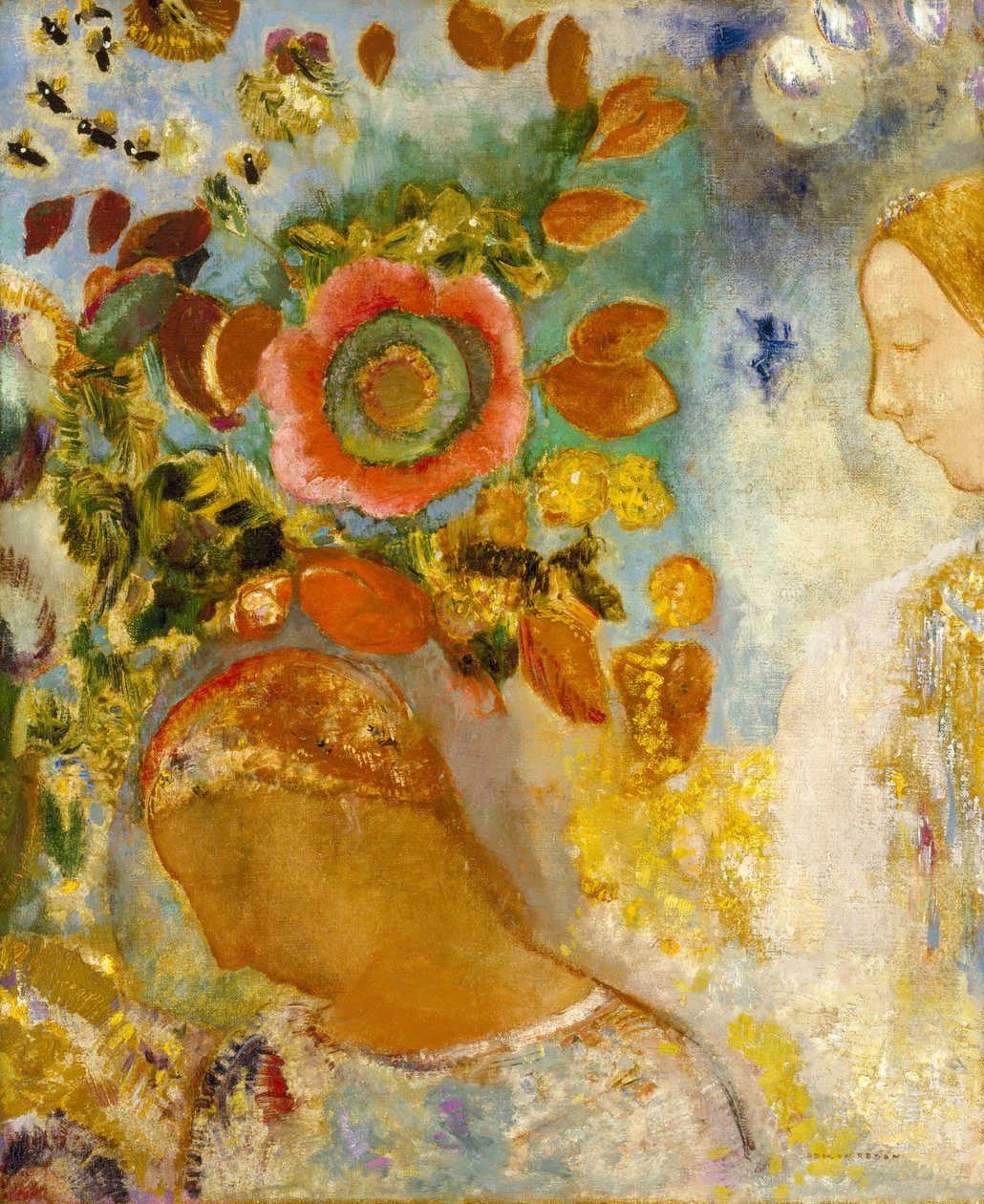 Twee jonge meisjes tussen bloemen door Odilon Redon