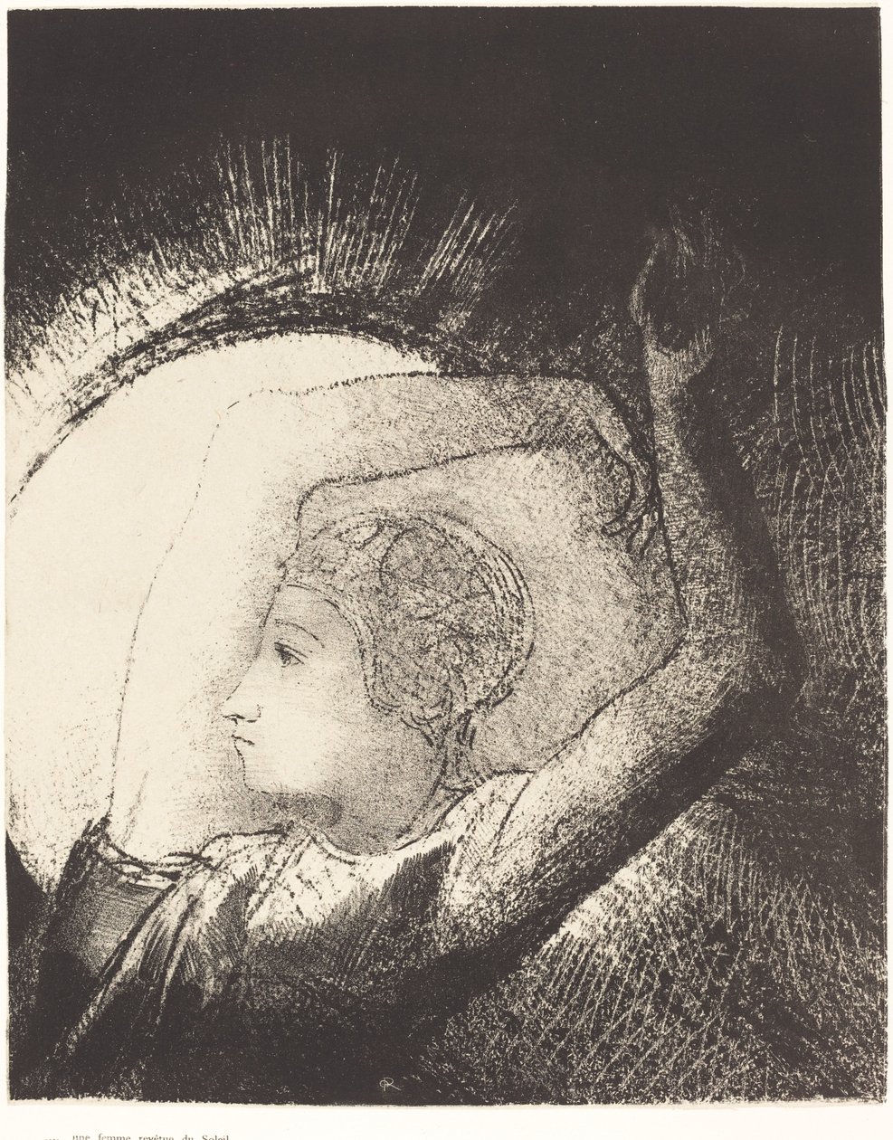 Een vrouw bekleed met de zon door Odilon Redon