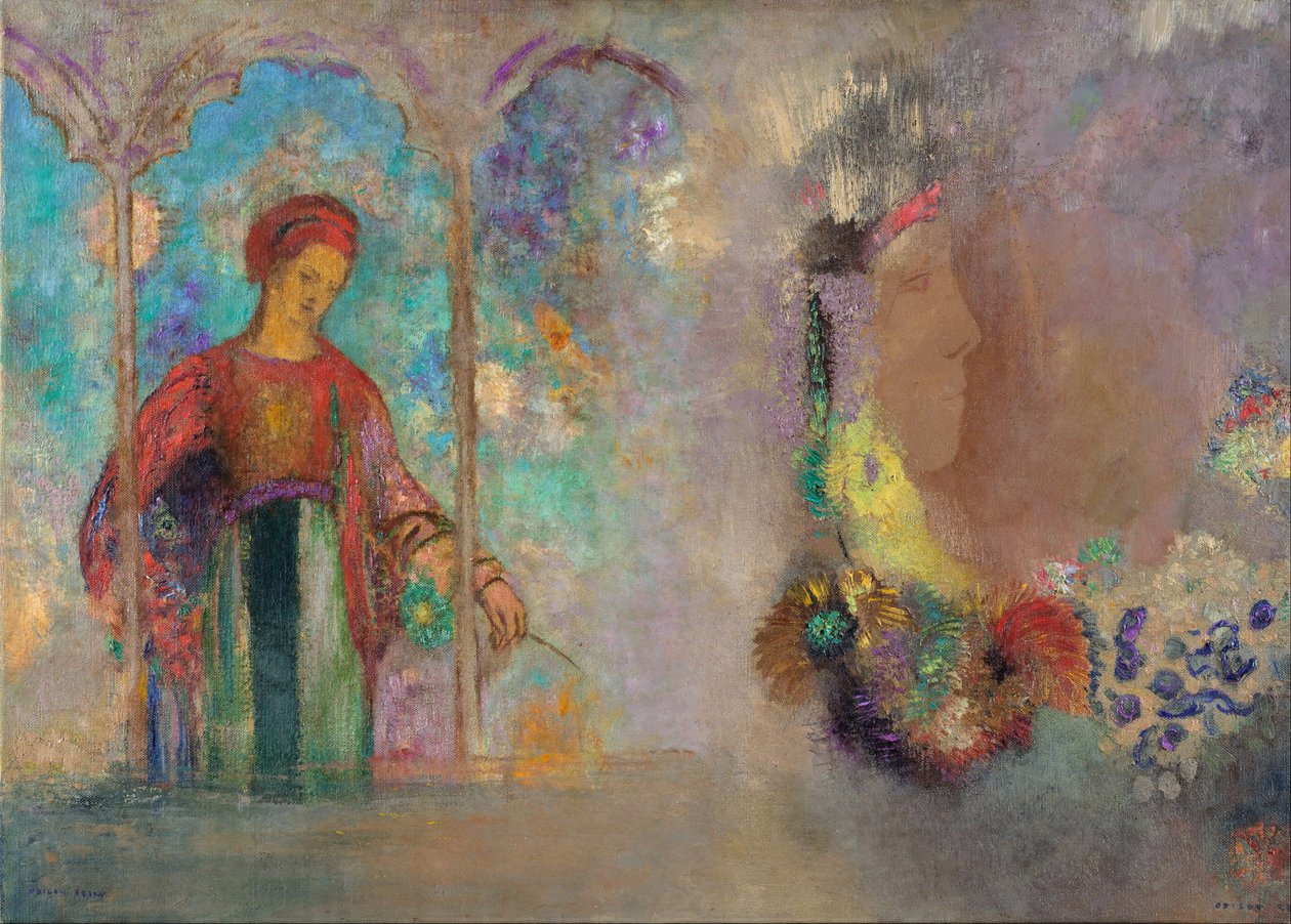 Vrouw in een gotische arcade - Vrouw met bloemen door Odilon Redon