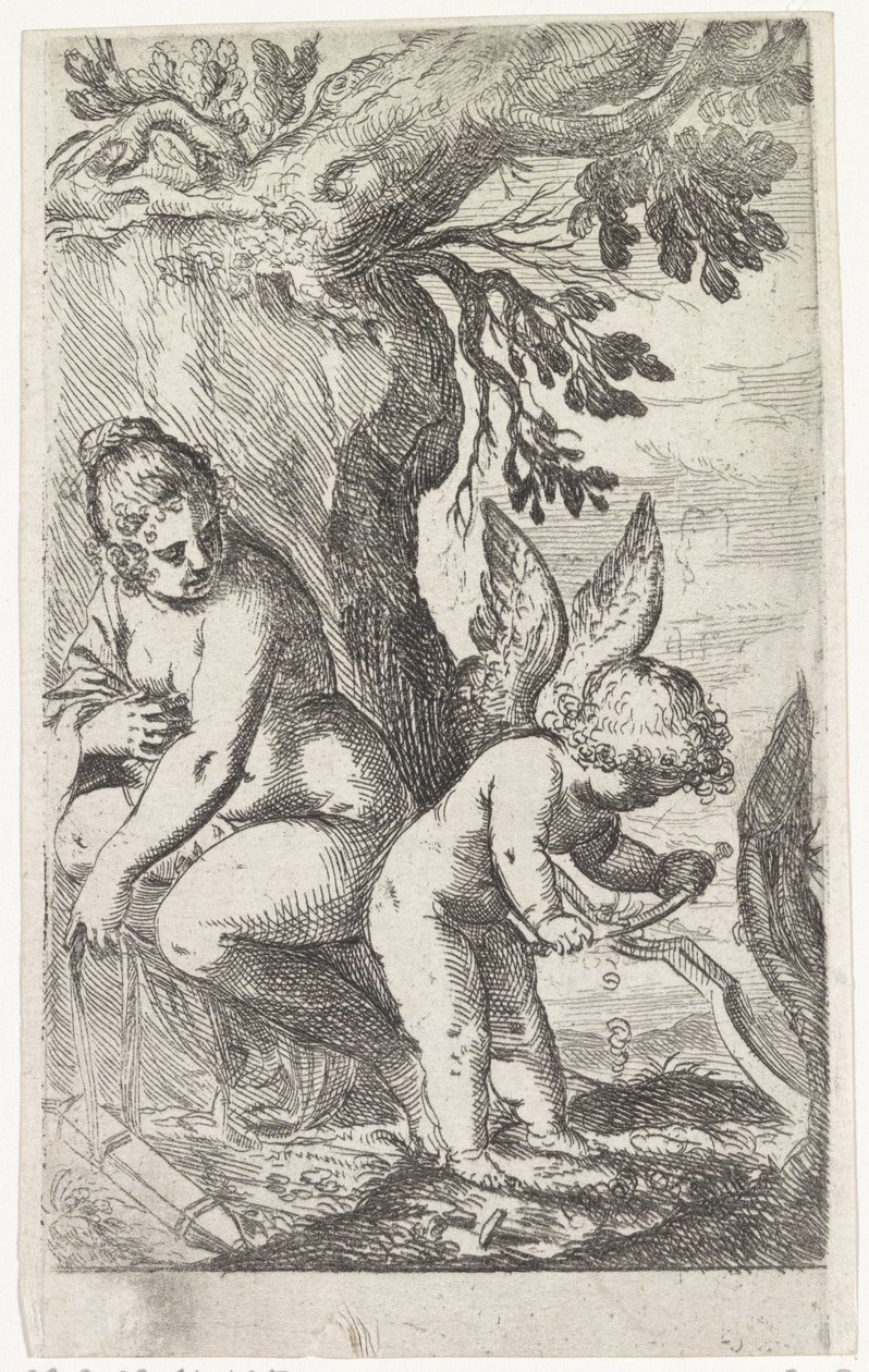 Venus kijkt naar Amor die een boog maakt door Odoardo Fialetti (attributed to)