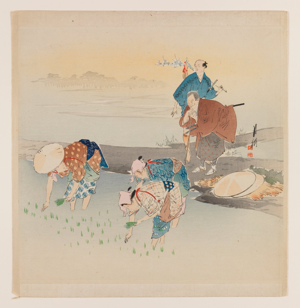 Man en vrouw planten rijst, c.1890-1910 door Ogata Gekko