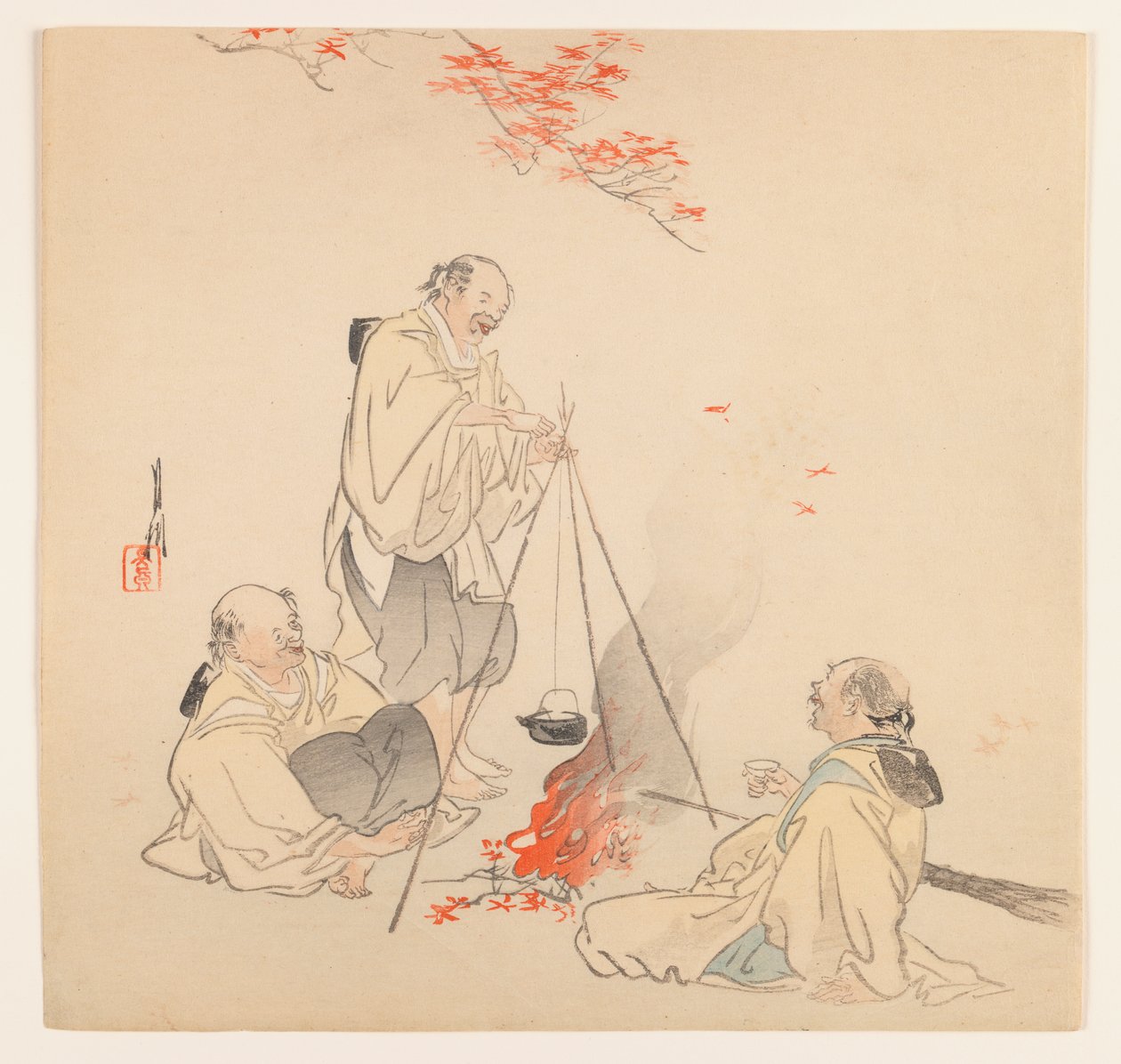 Mannen bij vuur in de herfst, c.1890-1910 door Ogata Gekko