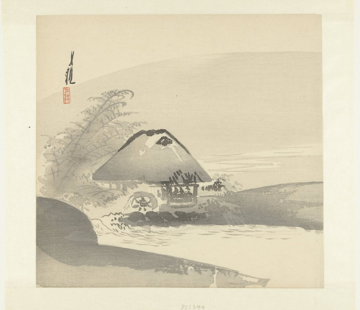 Rivierlandschap waarin huis met waterrad door Ogata Gekko