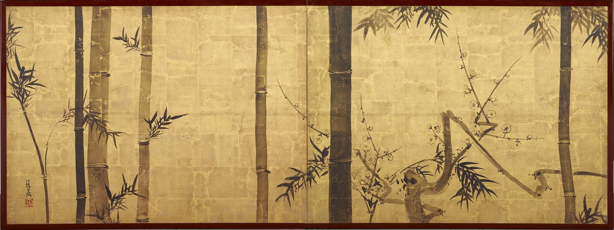Bamboe en pruimenboom door Ogata Korin