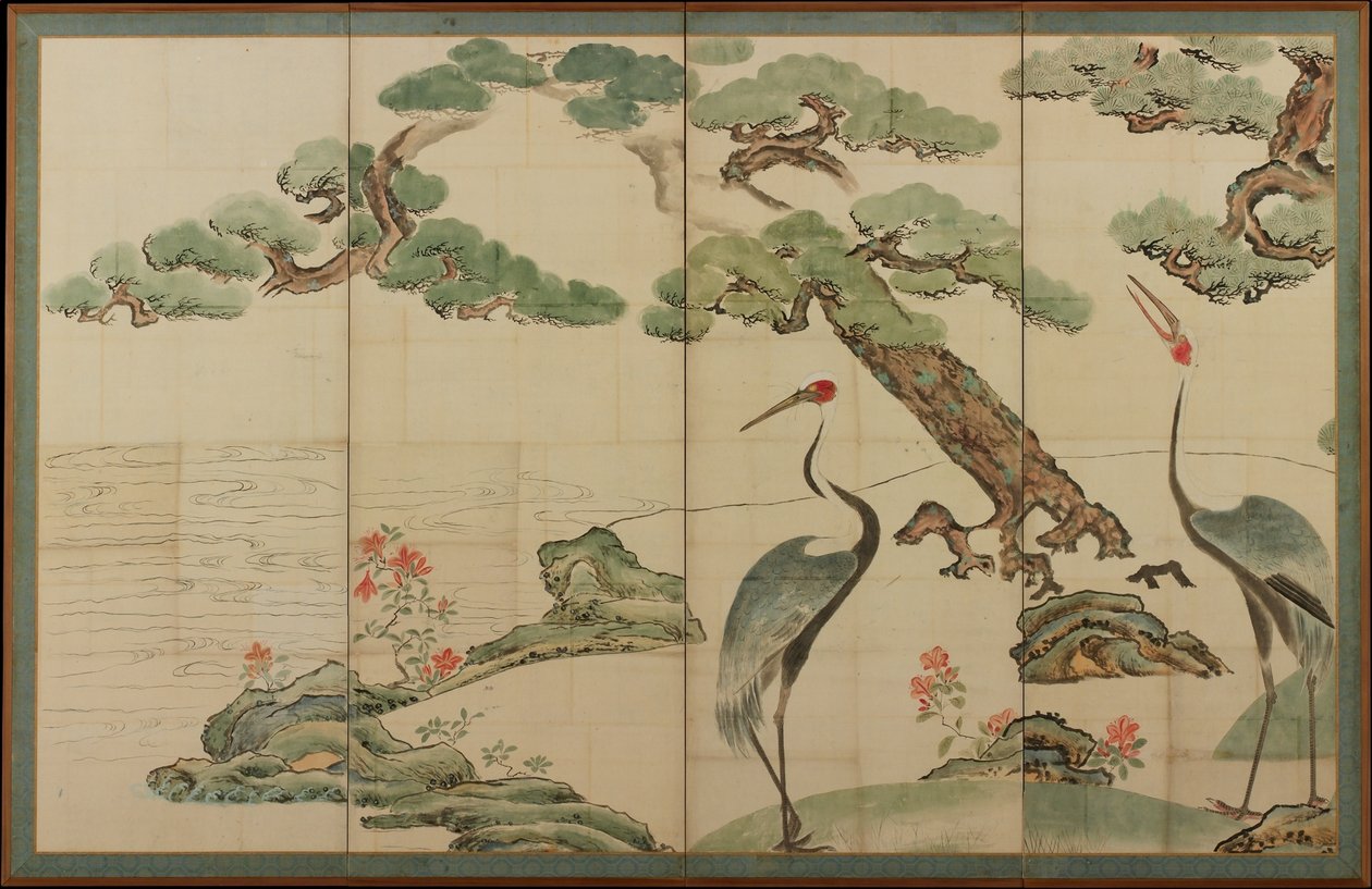 Kraanvogels, dennen en bamboe door Ogata Korin