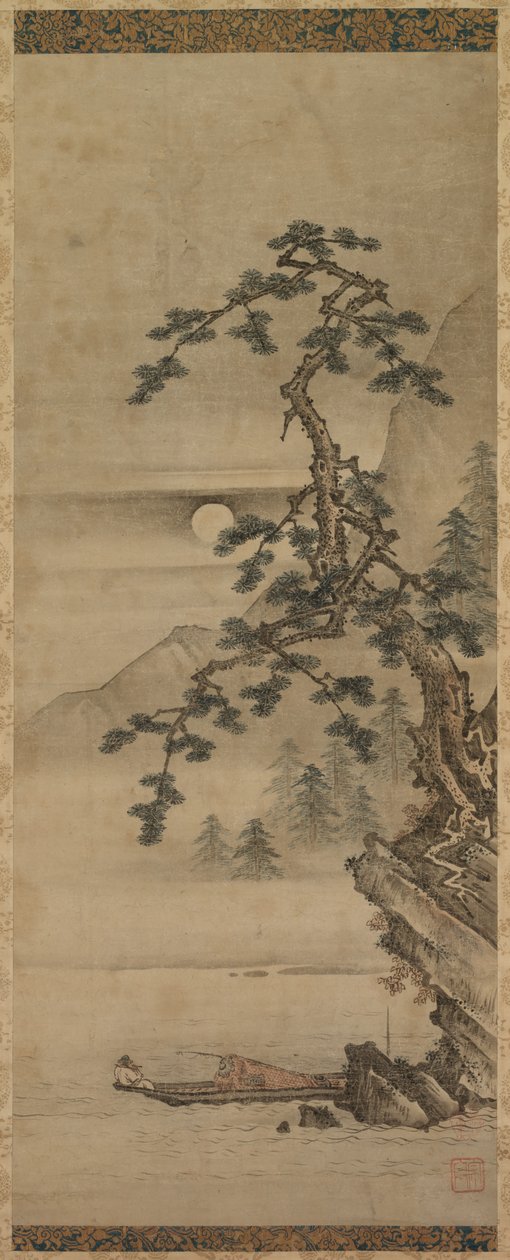 Maanverlicht Landschap van Pijnboom met Oude Man in Boot, Muromachi periode, 1392-1573 door Oguri Sotan