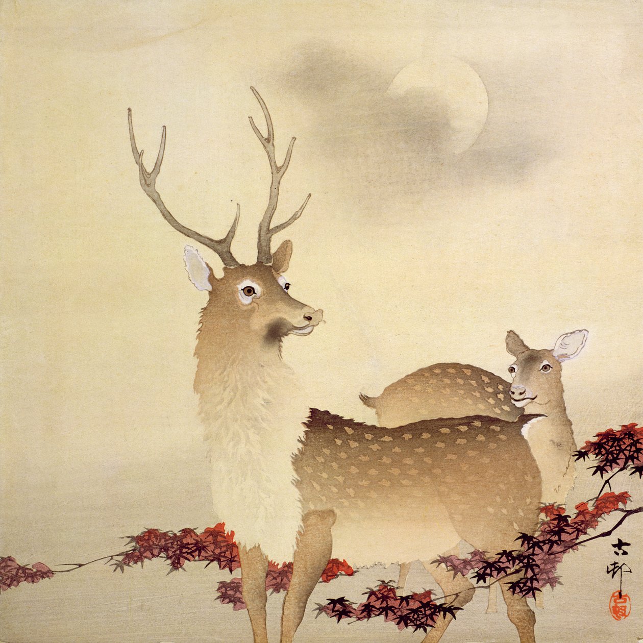 Een hert en zijn jong onder de maan, c.1930 door Ohara Koson