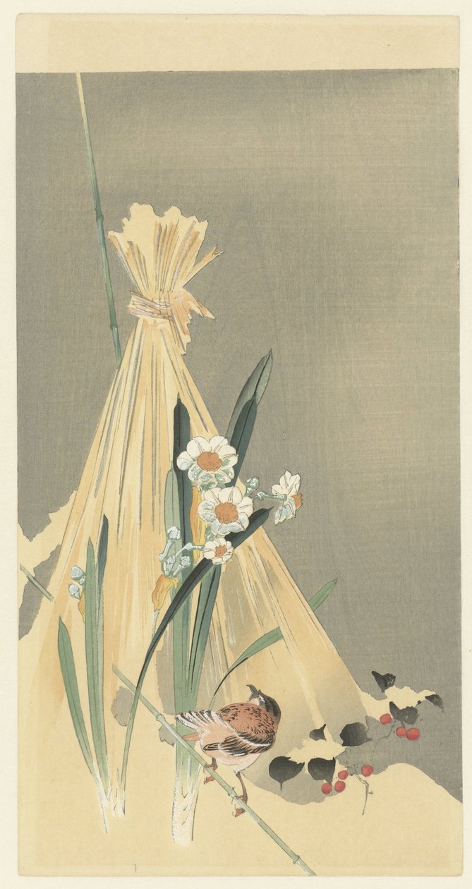 Zangvogel bij hooibundel door Ohara Koson (attributed to)