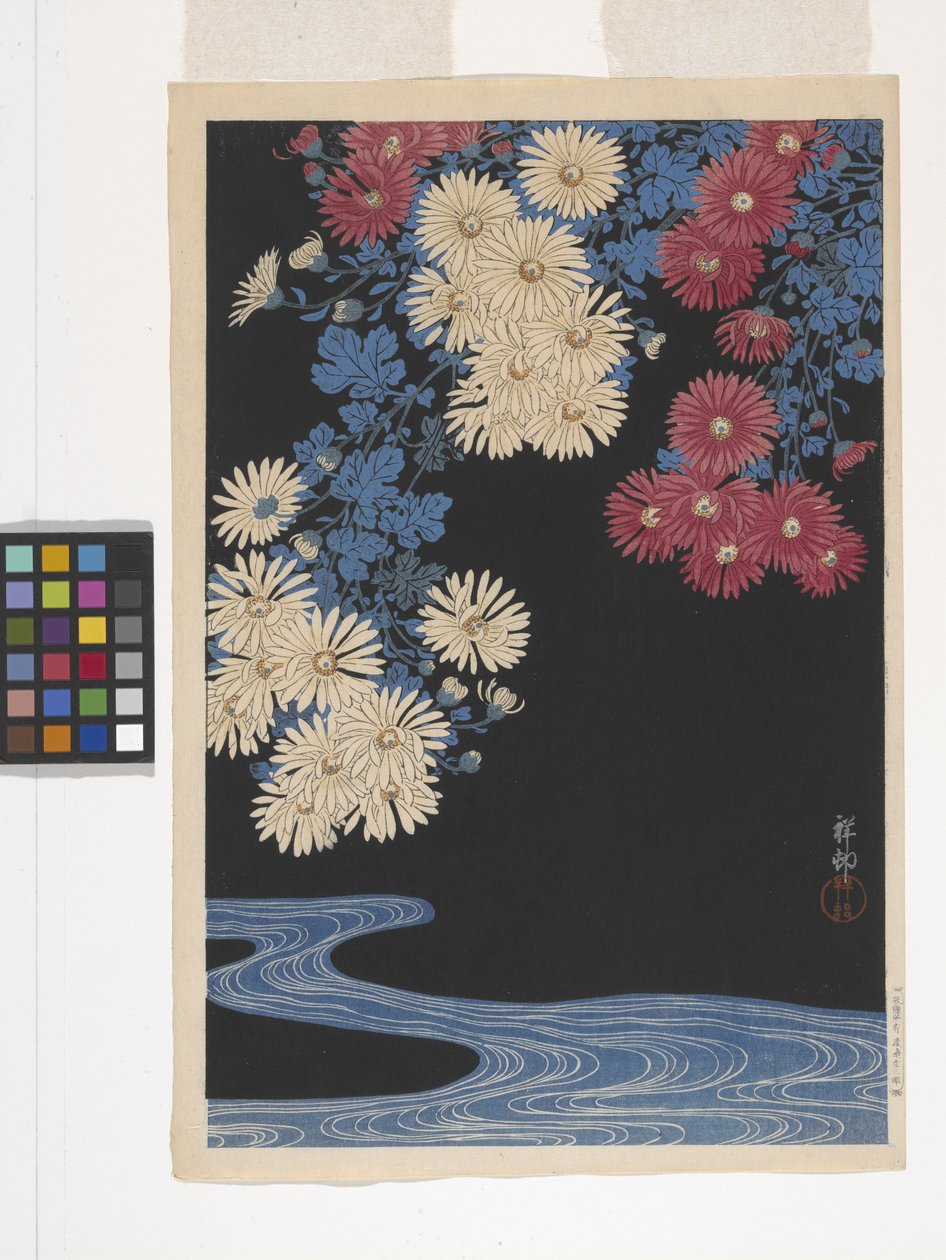 Chrysanten en stroom door Ohara Koson