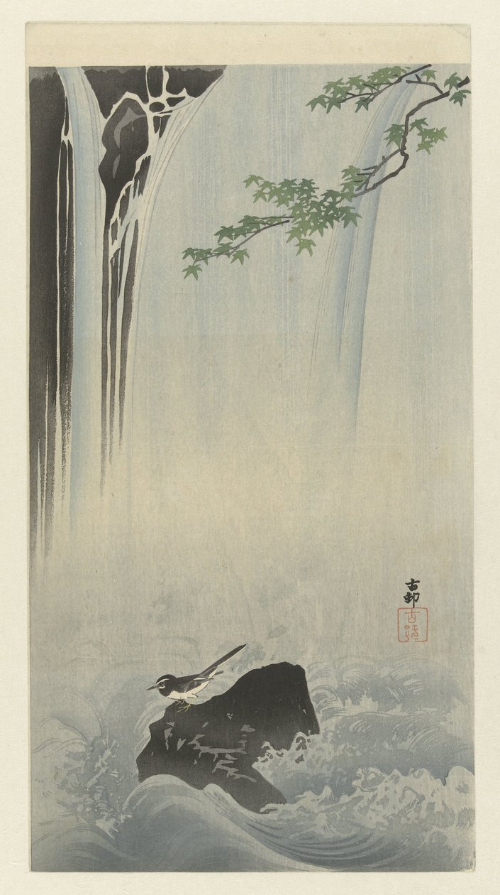 Japanse kwikstaart bij waterval door Ohara Koson