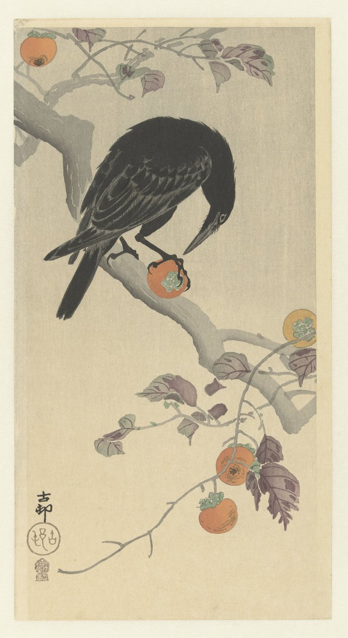 Kraai met kakivrucht door Ohara Koson