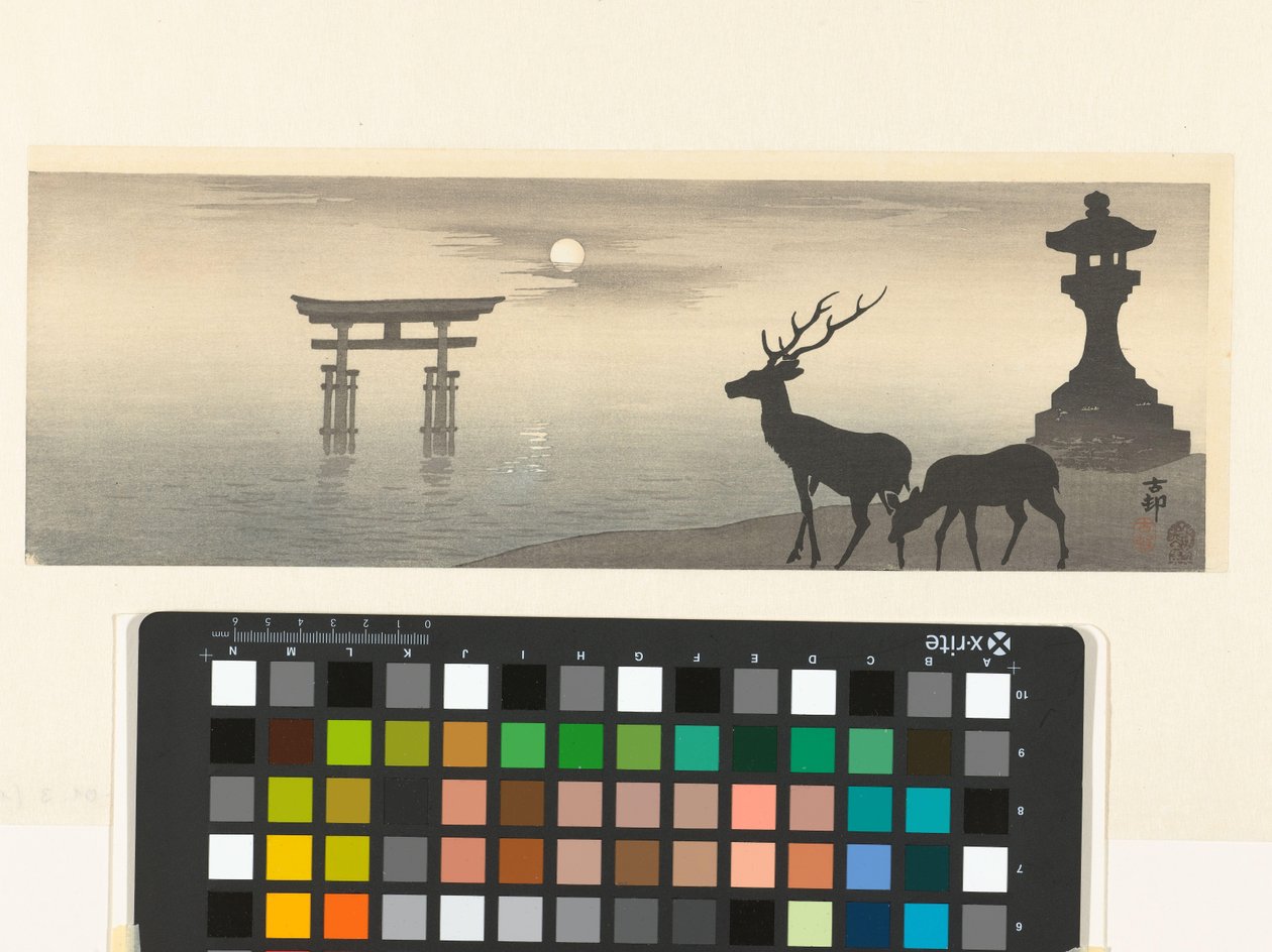 Landschap met torii en herten door Ohara Koson