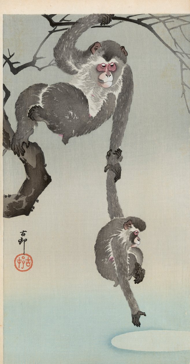 Aap en baby reiken naar de weerspiegeling van de maan door Ohara Koson