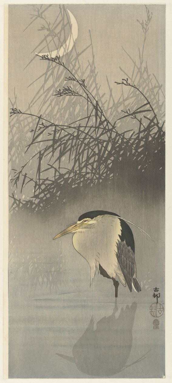Reiger bij nieuwe maan door Ohara Koson