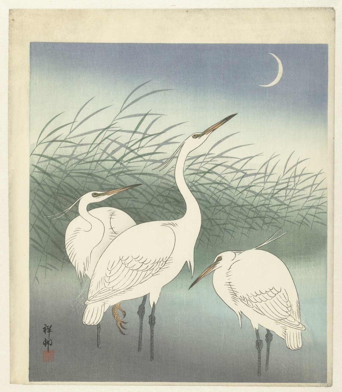 Reigers in ondiep water door Ohara Koson