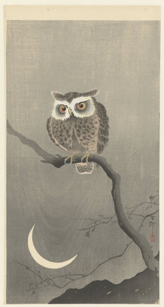 Dwergooruil op een tak met halve maan door Ohara Koson