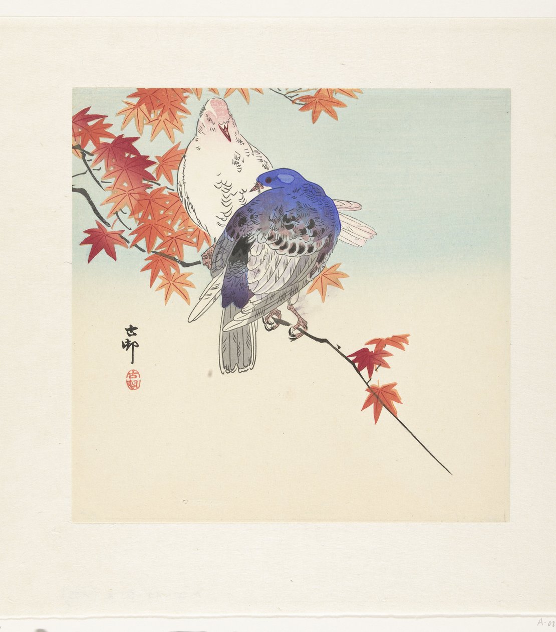 Twee duiven op een tak met herfstbladeren door Ohara Koson