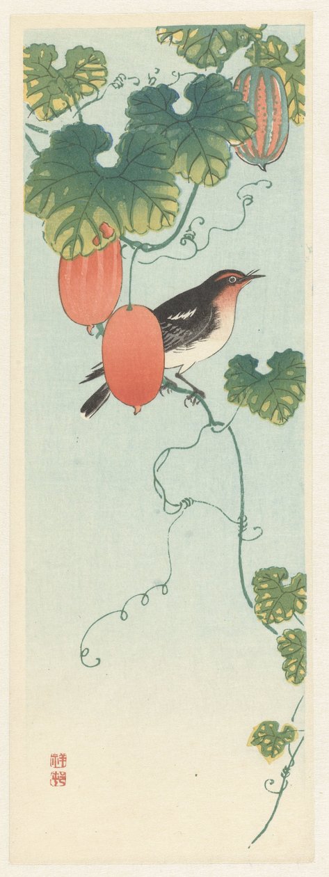 Zangvogel in komkommerplant door Ohara Koson