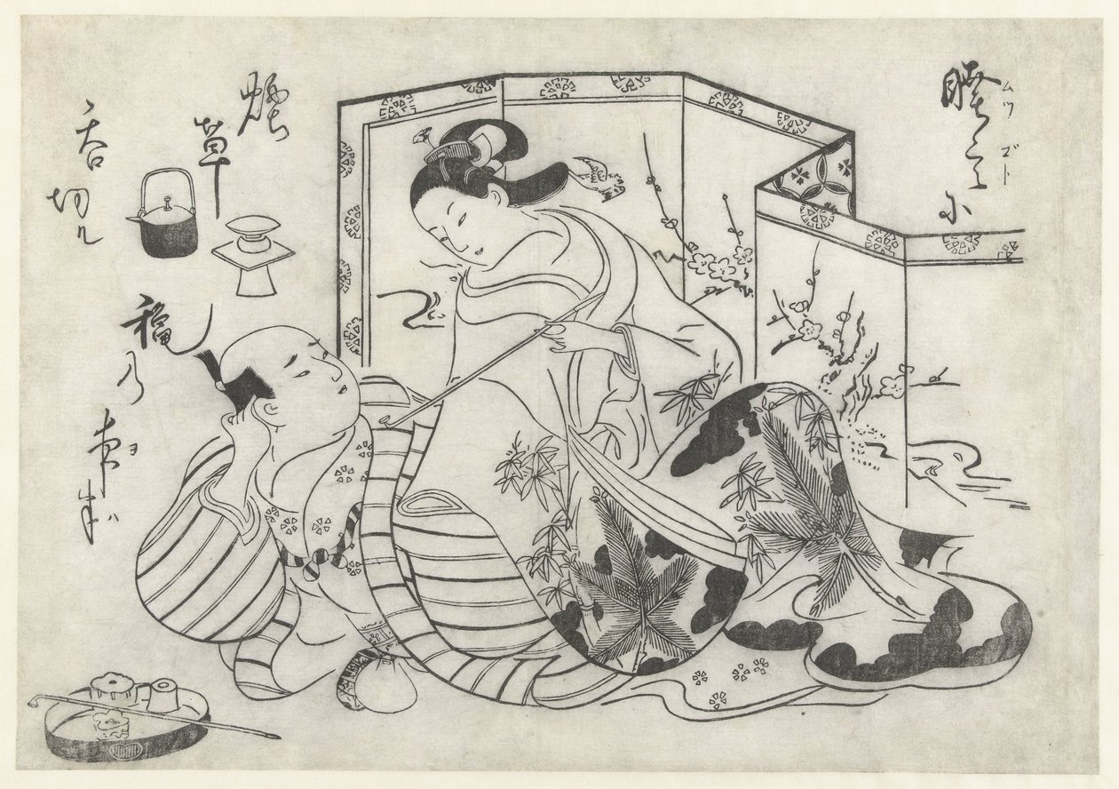 Japanse man en vrouw, rokend voor een kamerscherm door Okumura Masanobu (attributed to)