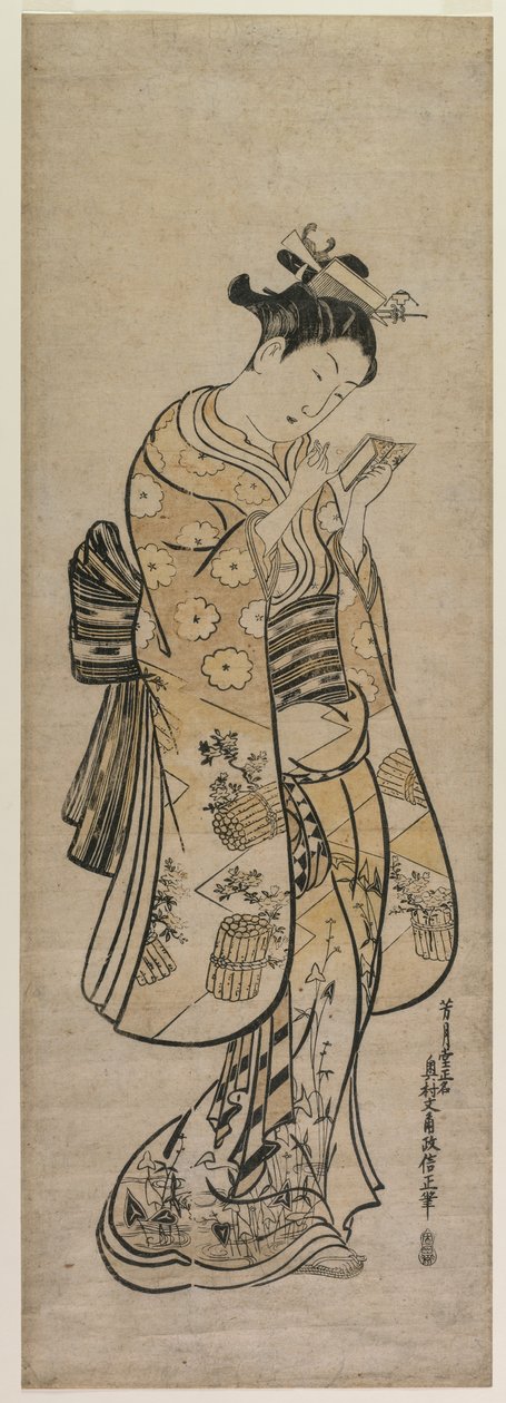 Een schoonheid met een spiegel door Okumura Masanobu