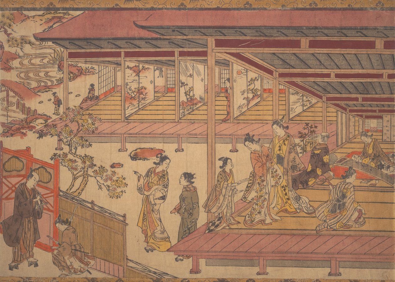 Een man staande buiten de poort van een groot huis door Okumura Masanobu