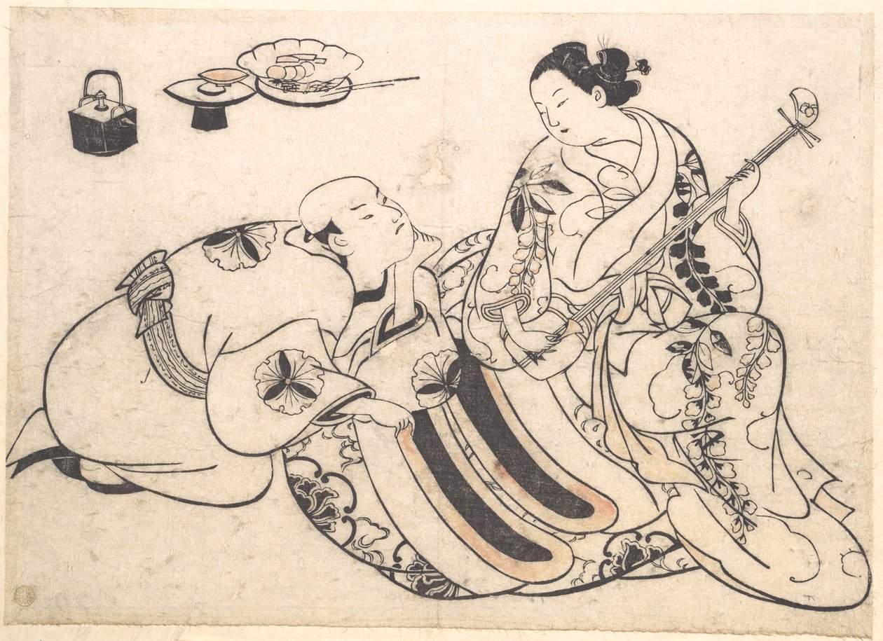Een knielende man die vooroverbuigt en luistert naar een oiran die shamisen speelt door Okumura Masanobu