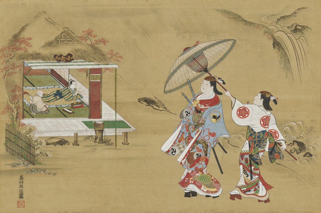 Toespeling op het huisje van Fujiwara no Teika op de berg Ogura door Okumura Masanobu